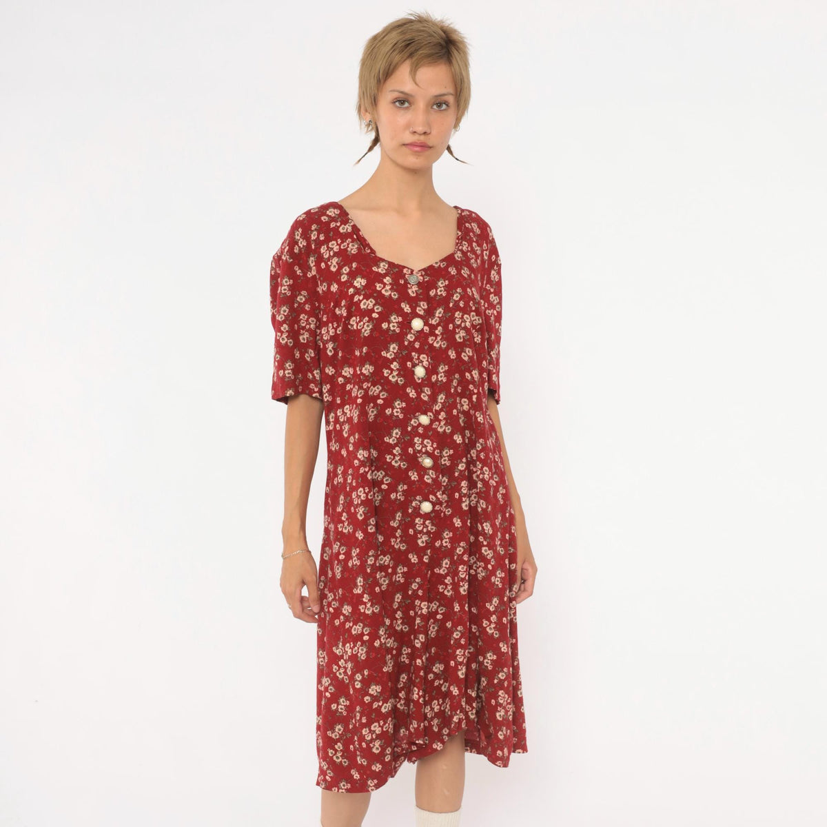 90s Sunshine Starshine Floral Romper Red Cream Sweetheart Neckline Large L