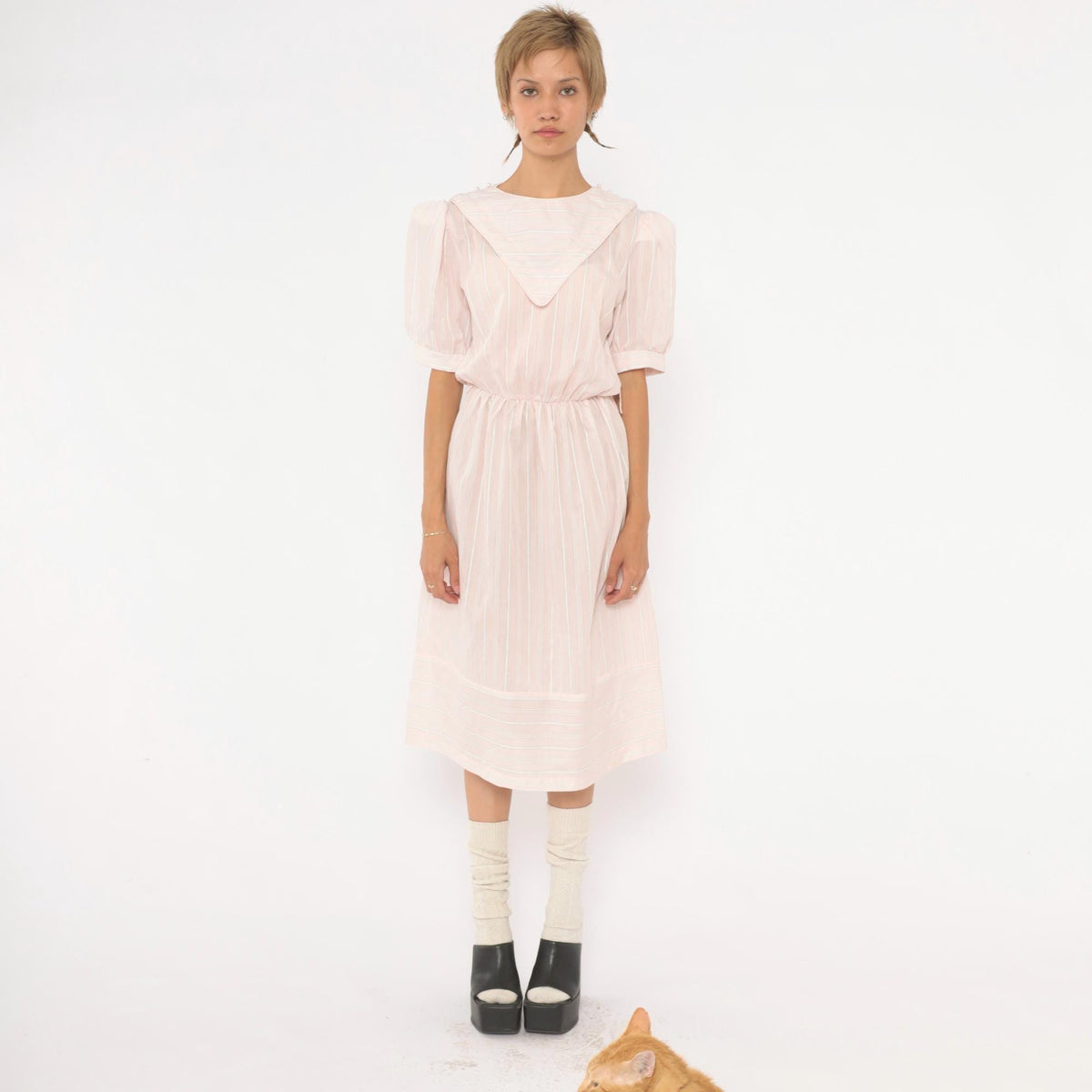 80s Pink Striped Midi Dress Puff Sleeve Sailor Collar Cotton Small