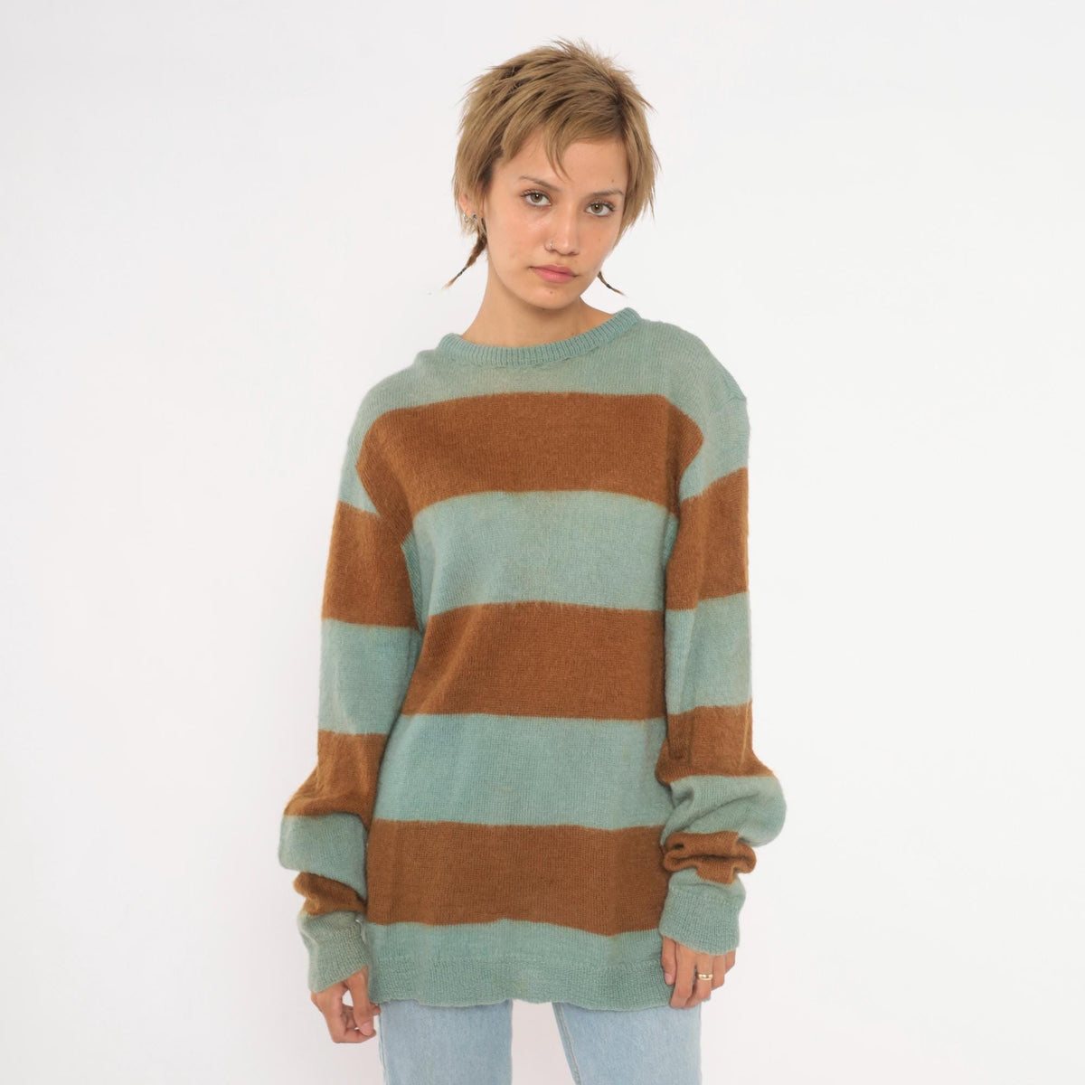 80s The Horses Mane Striped Mohair Wool Sweater Blue Brown Medium