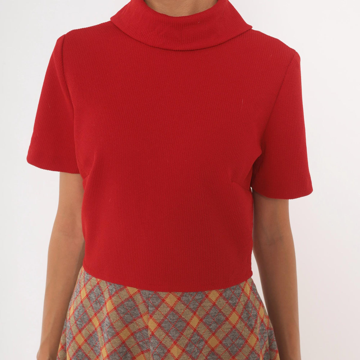 60s Mod Dress Red Plaid A-Line Mock Neck Short Sleeve Knee Length Medium M