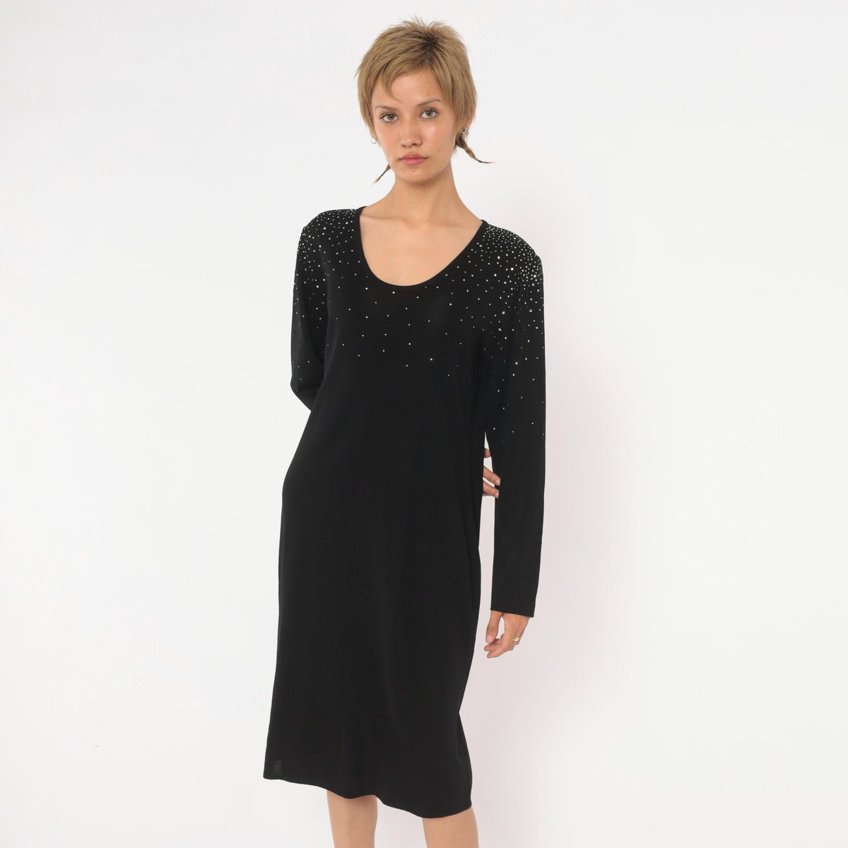 90s Misook Black Rhinestone Knit Dress Long Sleeve Shift Small S