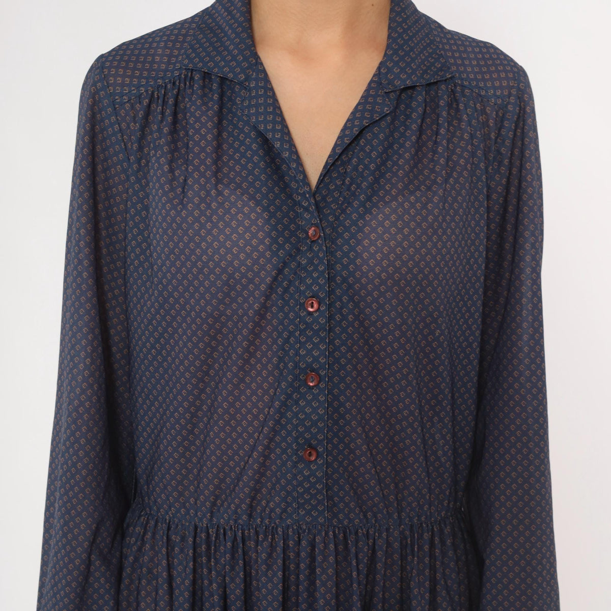 70s Navy Diamond Print Drop Waist Dress Collared Button Front Medium