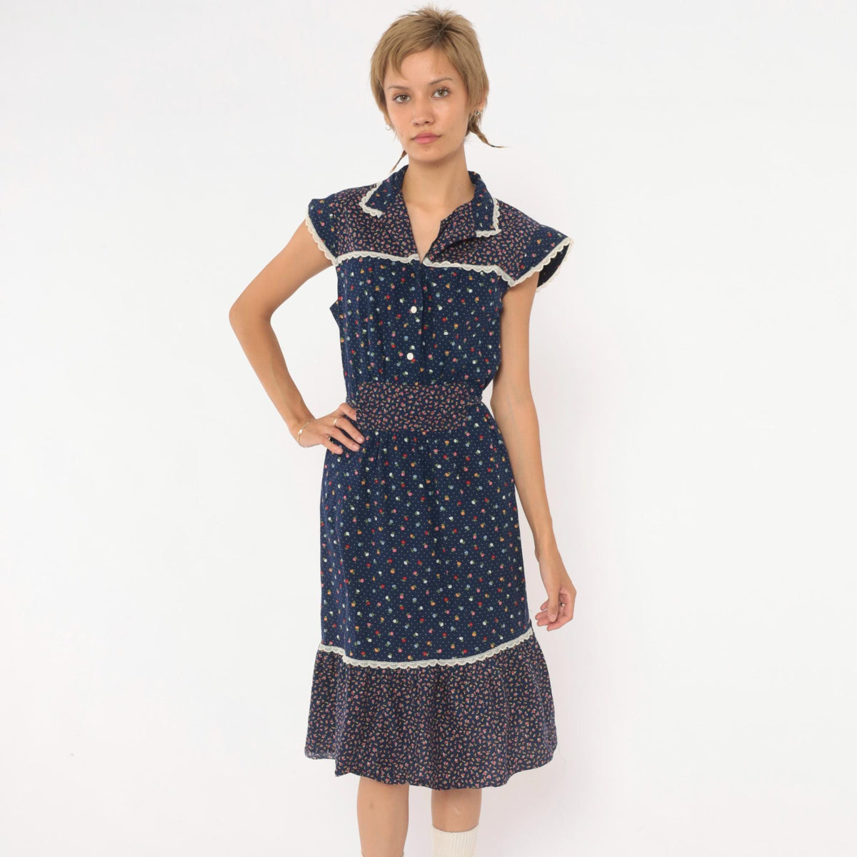 70s Navy Floral Calico Prairie Dress Cotton Cap Sleeve Button Front Small