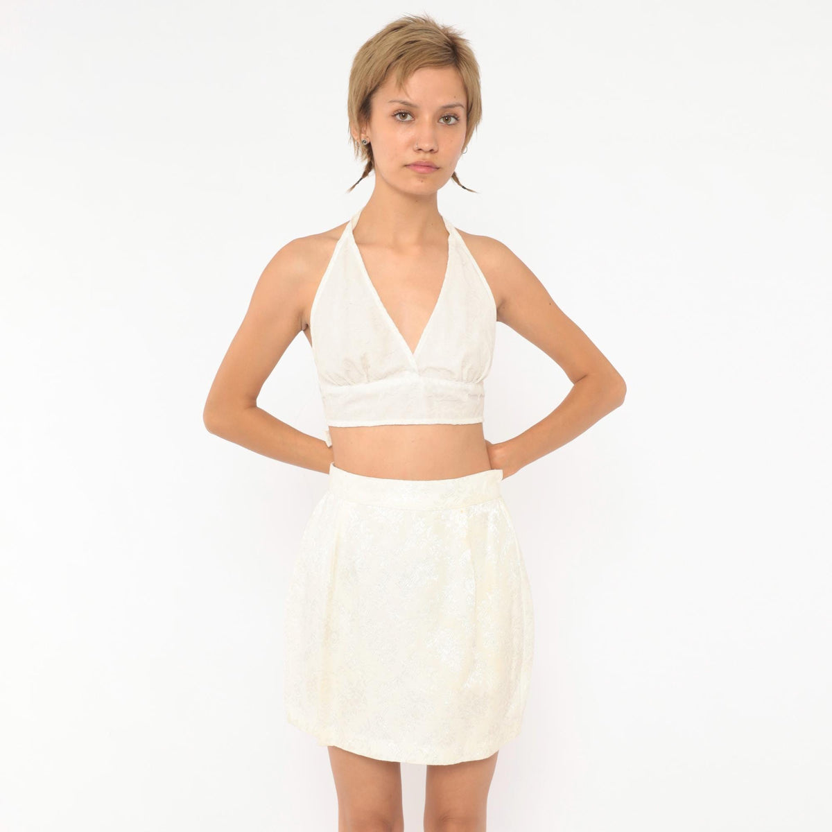 90s Contempo Casuals White Brocade Mini Skirt Floral Damask High Waist XS