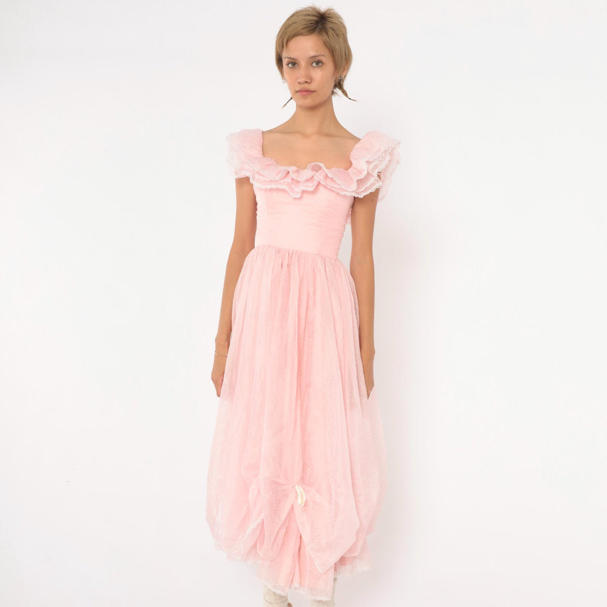 70s Pink Swiss Dot Midi Party Dress Ruffle Neckline Lace Trim XXS