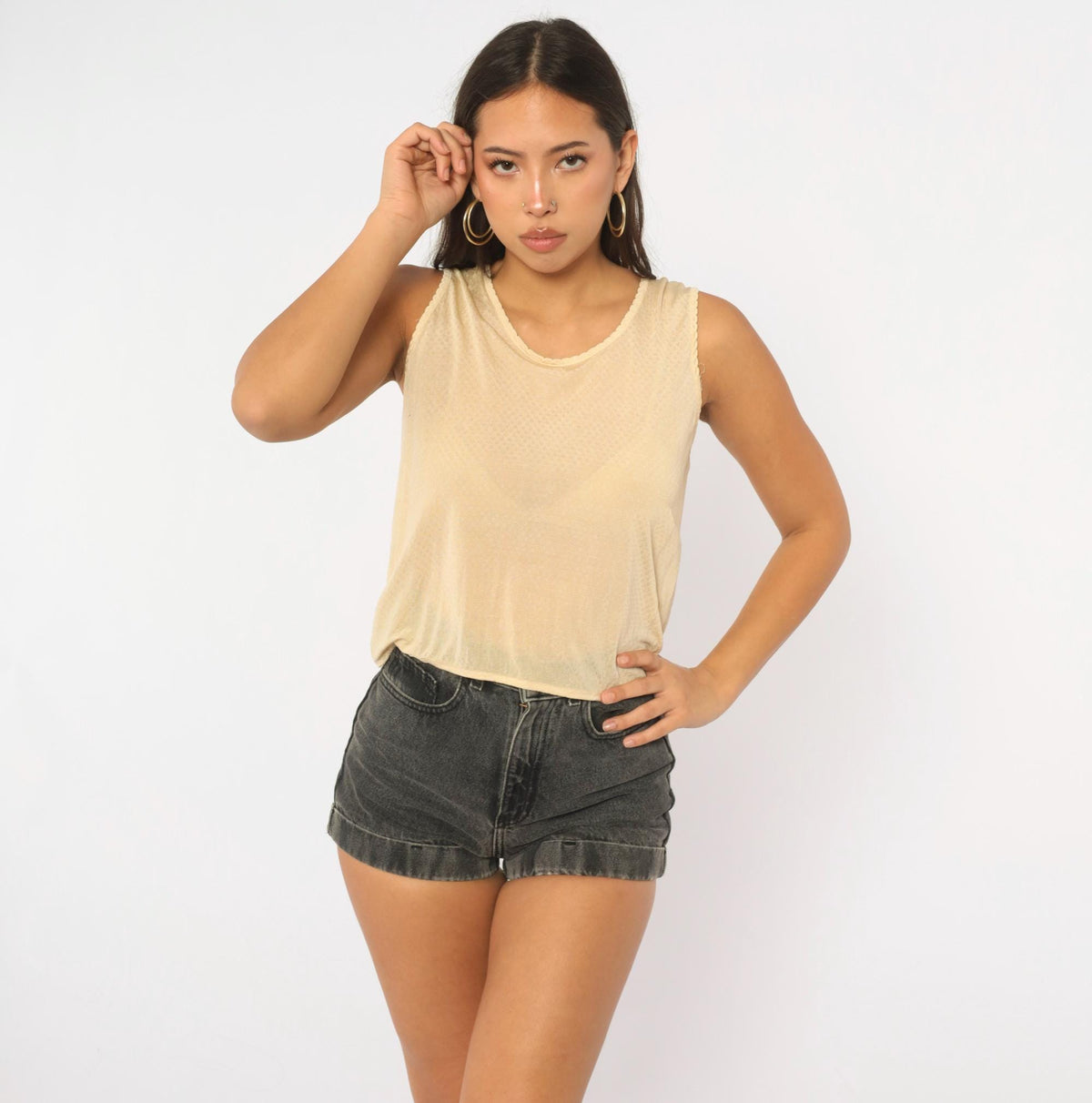 80s L.L.Bean Cream Silk Tank Top Pointelle Knit Scalloped Scoop Neck Small