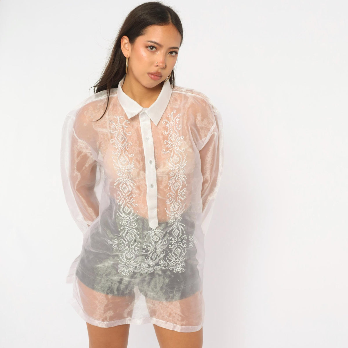 90s White Organza Blouse Embroidered Floral Pointed Collar Sheer Long Sleeve Extra Large XL