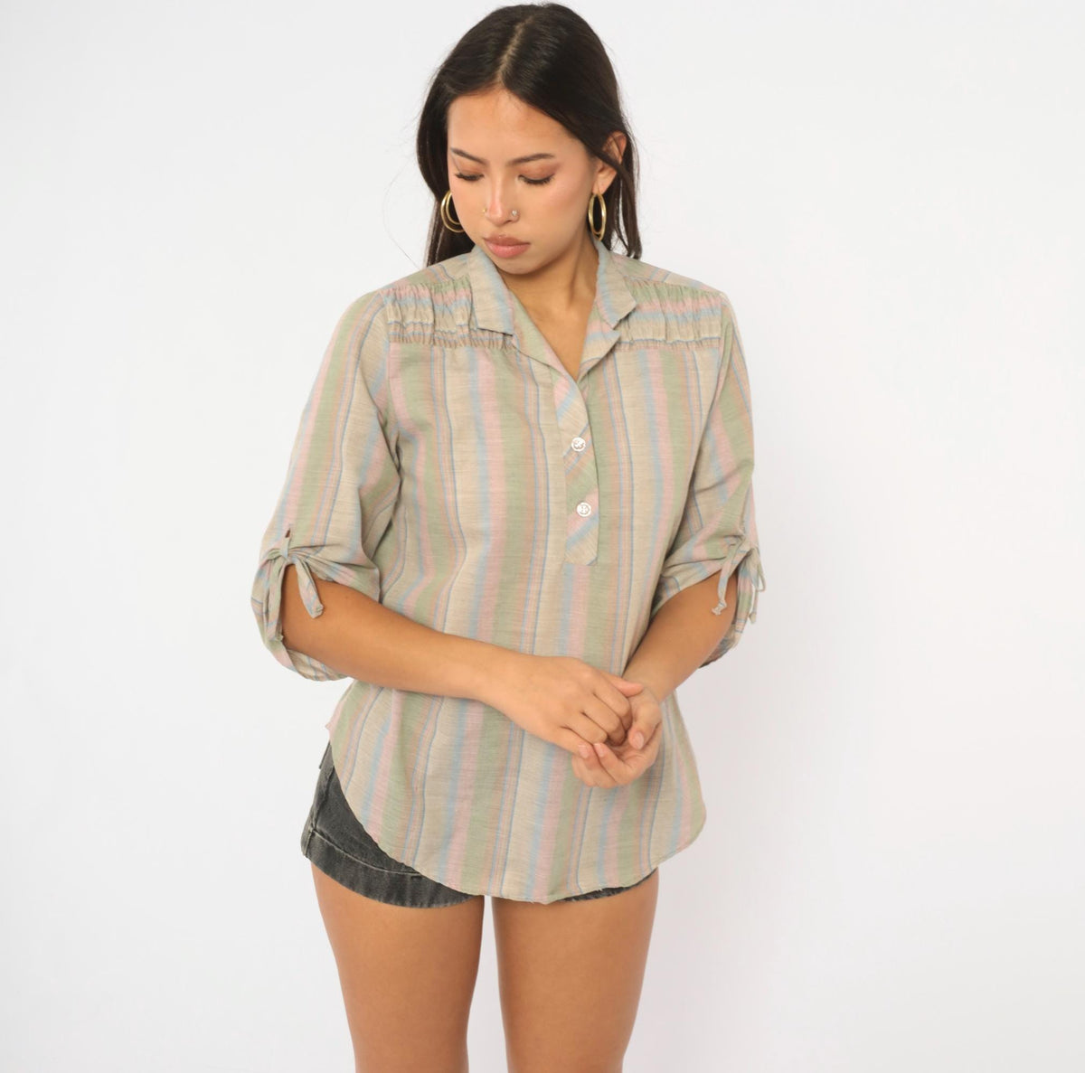 80s Caribou Pastel Striped Cotton Blouse Tie Sleeve Collared V Neck Large L