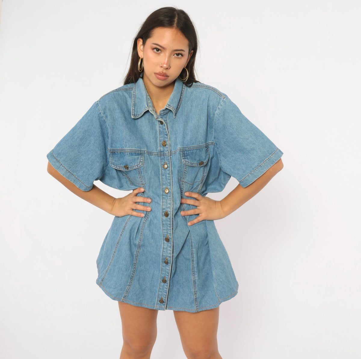 90s Switch II Denim Shirt Light Wash Cotton Short Sleeve Plus Size XXL