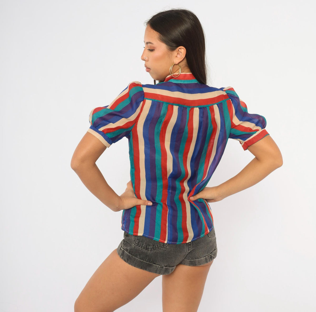 80s Ms. Paquette Striped Blouse Puff Sleeve Bow Tie Neck Button Front Medium