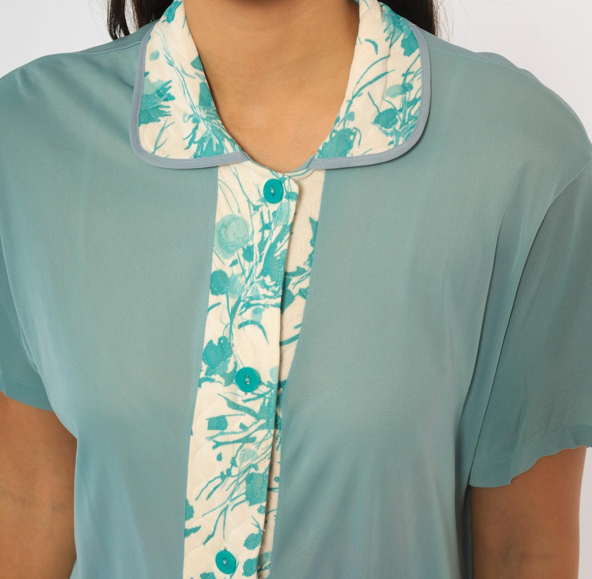 70s Binstron Blue Floral Blouse Peter Pan Collar Button Front Medium