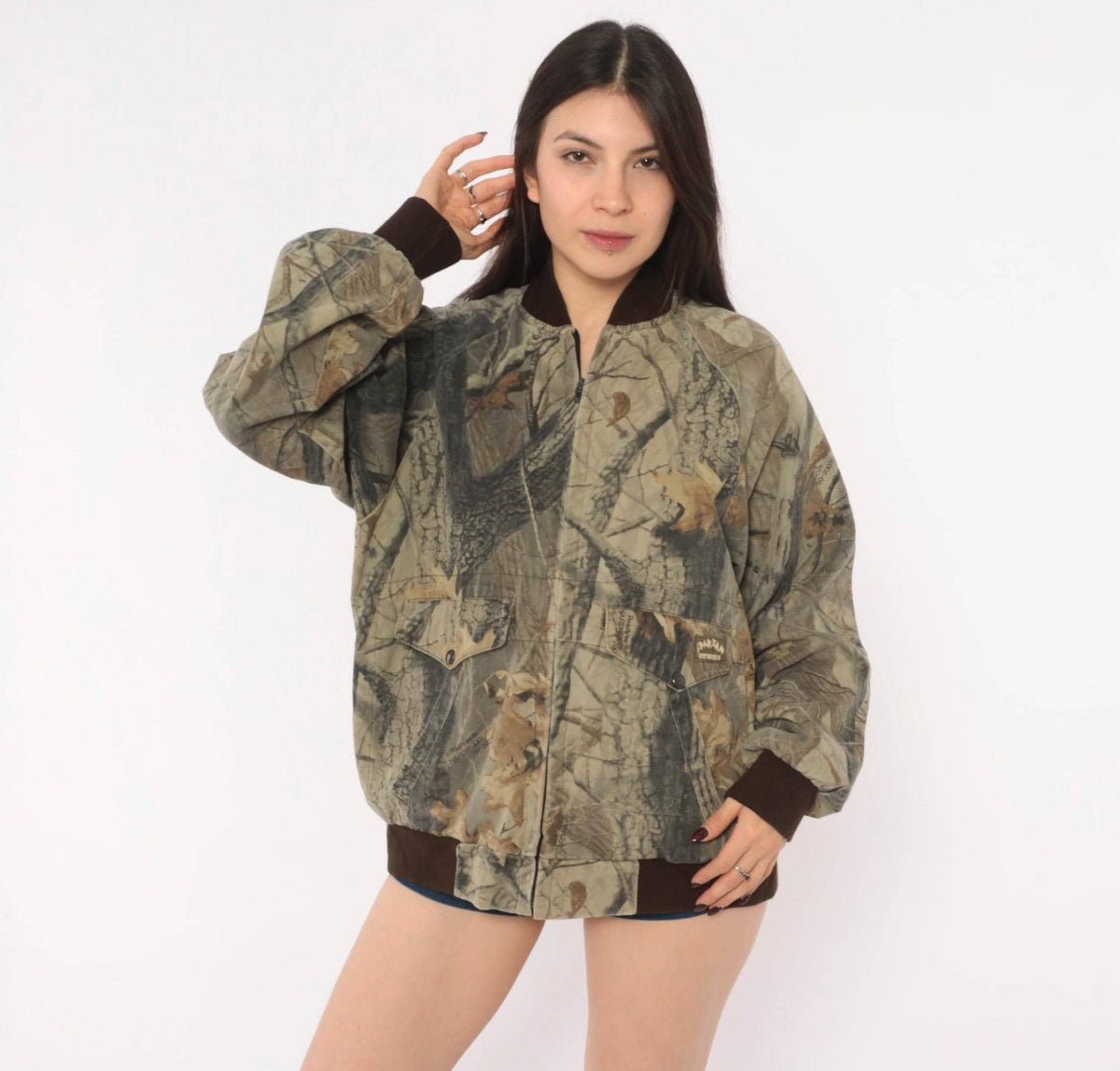 90s Spartan Realtree Camo Bomber Jacket Brown Beige Tree Print Medium