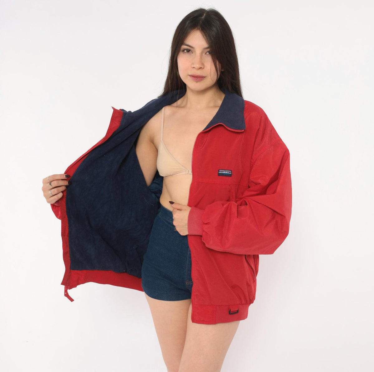 90s White Sierra Red Bomber Jacket Navy Fleece Lined Windbreaker Large L