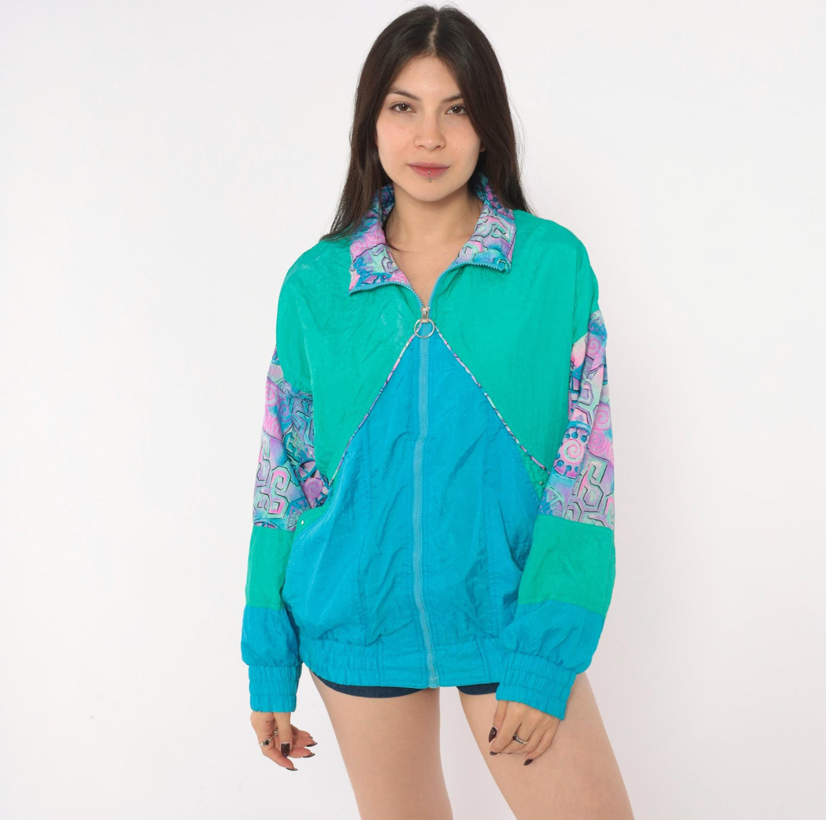 90s Otello Pelle Teal Windbreaker Geometric Color Block Jacket Medium