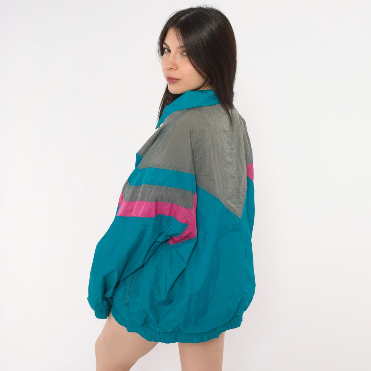 90s Pacific Sports Windbreaker Teal Blue Chevron Colorblock Jacket Large L