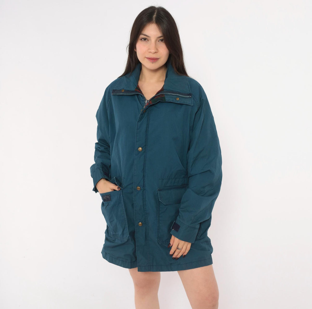 80s Woolrich Navy Barn Jacket Plaid Flannel Lined Raglan Medium