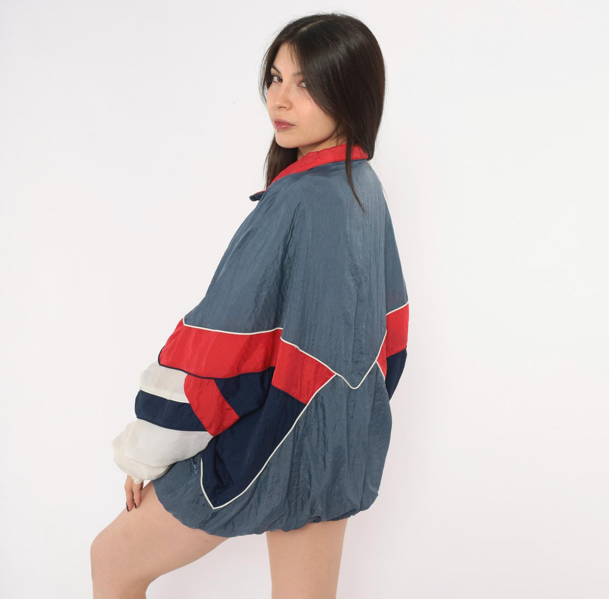 90s Avait Sportif Windbreaker Jacket Colour Block Chevron Blue Navy Cream Extra Large