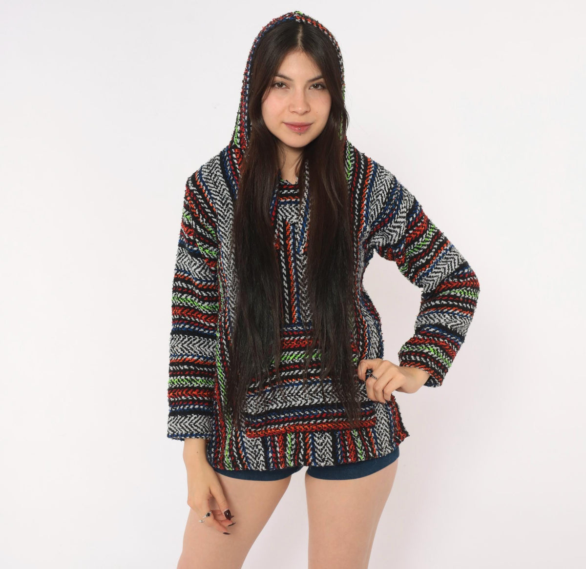 90s Earth Ragz Baja Hoodie Black Rainbow Striped Woven Pullover Extra Small XS
