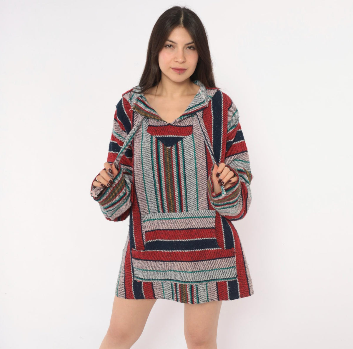 90s Baja Hoodie Red Navy Striped Woven Pullover Unisex Extra Large XXL