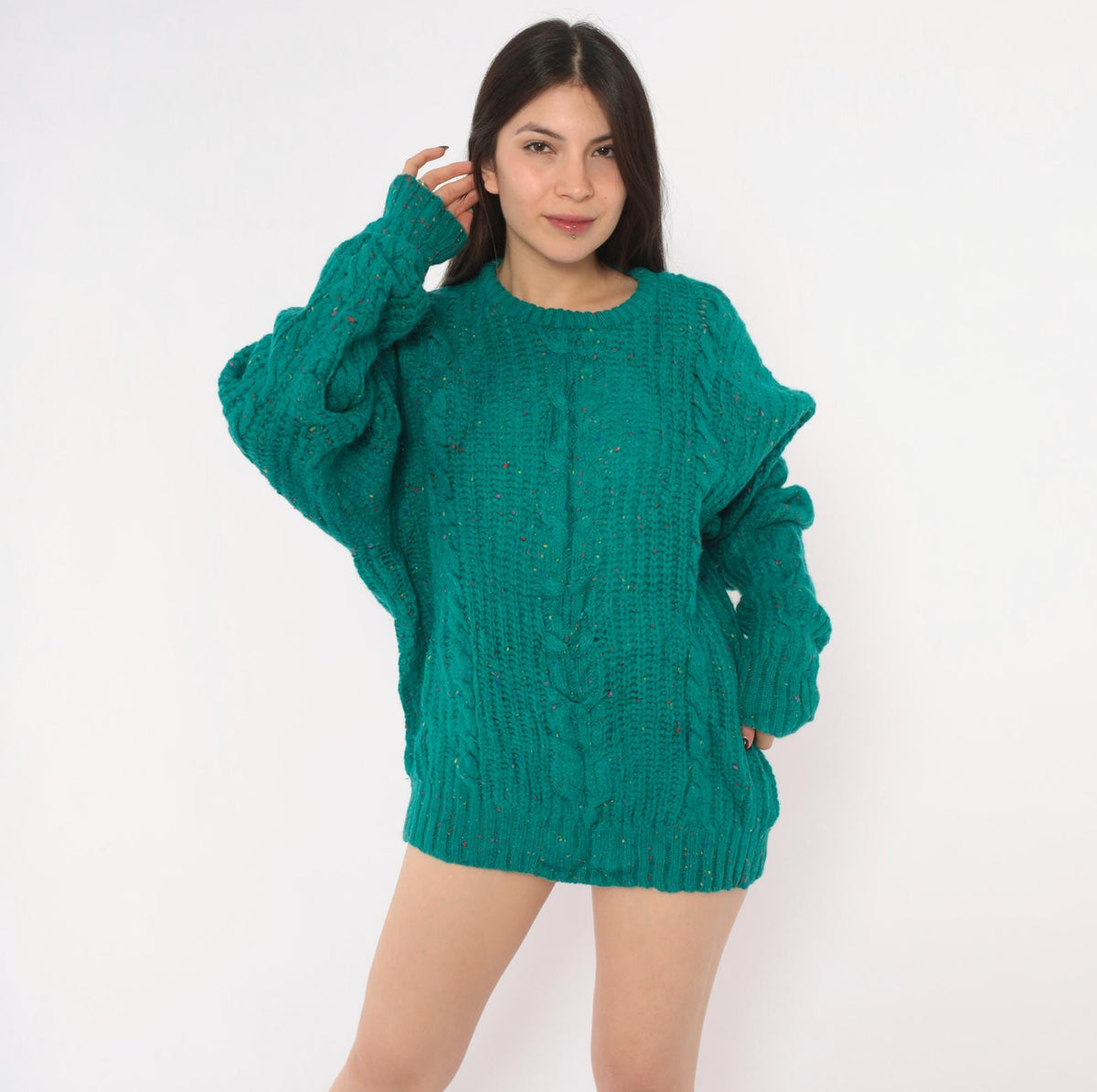 90s Cattivo Teal Cable Knit Wool Sweater Multicolor Speckled Crewneck Extra Large