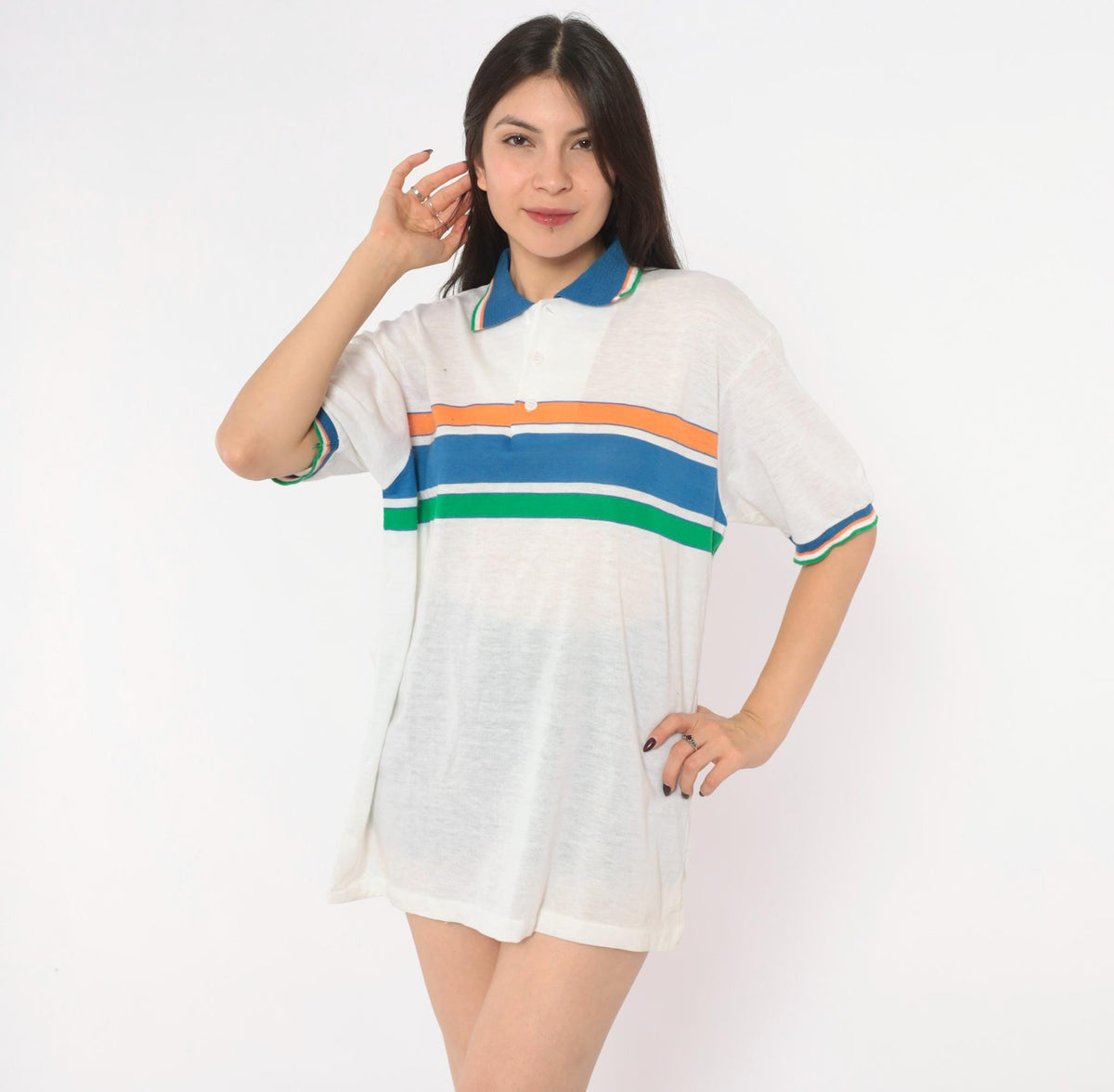 80s Robert Bruce Striped Polo Shirt White Blue Orange Green Extra Large