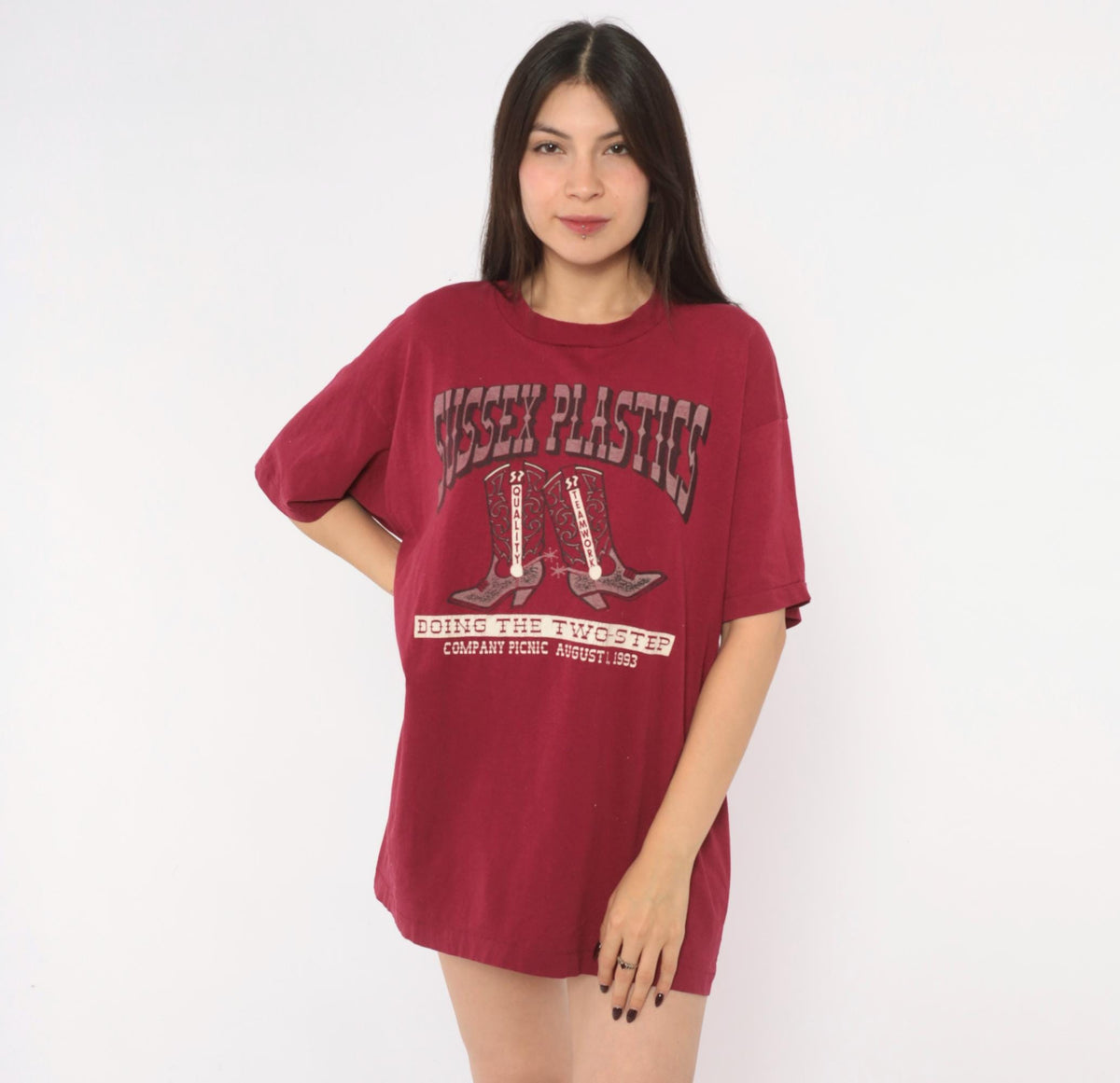 90s Fruit of the Loom Cowboy Boots Graphic Tee Burgundy Western Print Large