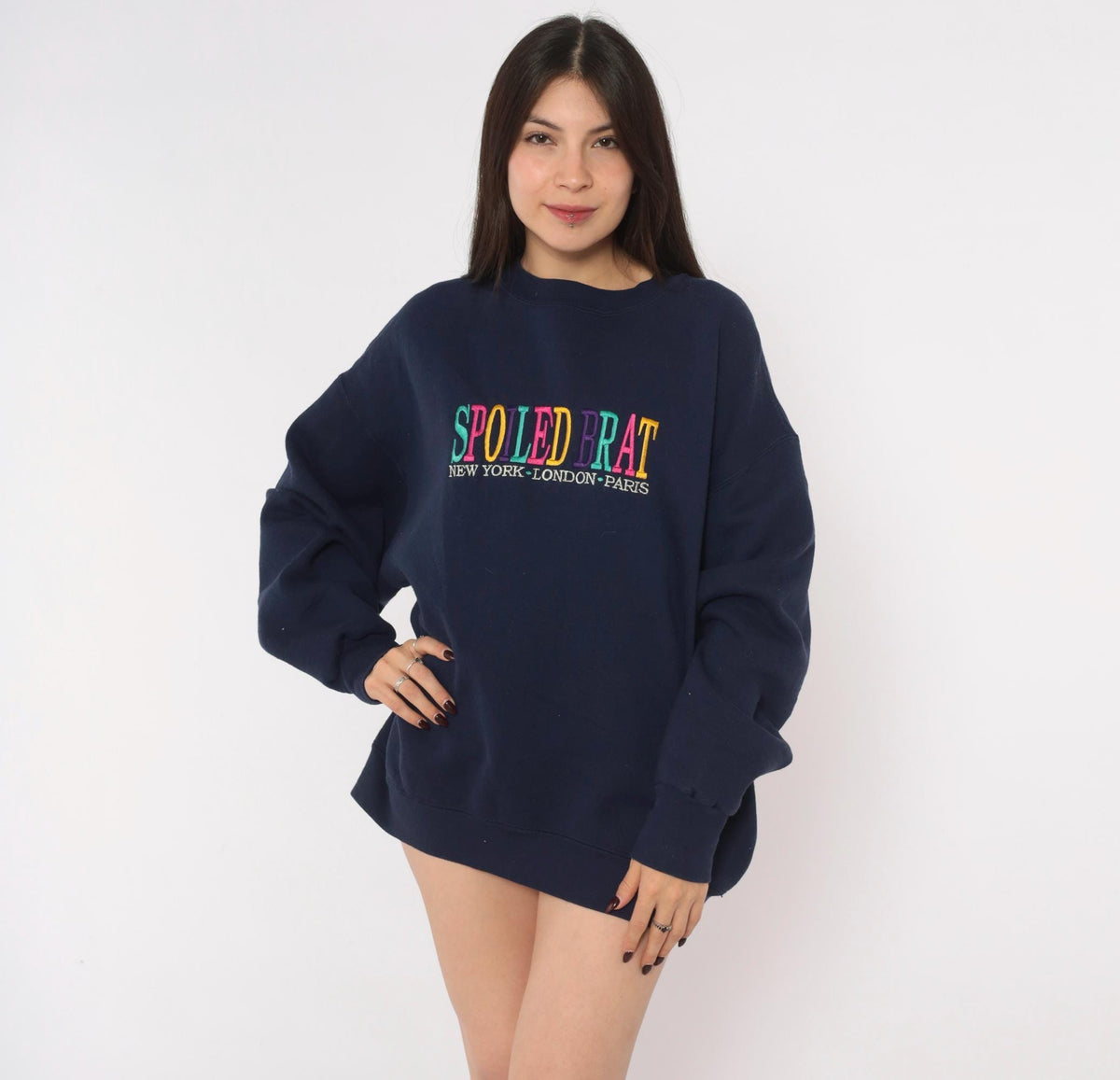 90s Spoiled Brat Navy Sweatshirt Embroidered Rainbow Text Extra Large XL