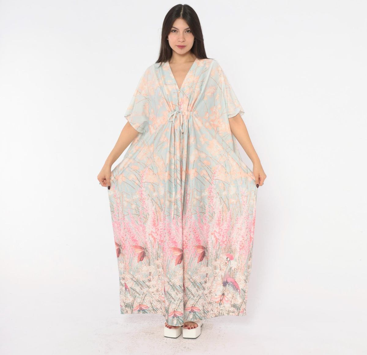 70s T.V. Sangers Crane Bird Caftan Maxi Dress Blue Pink Floral Large
