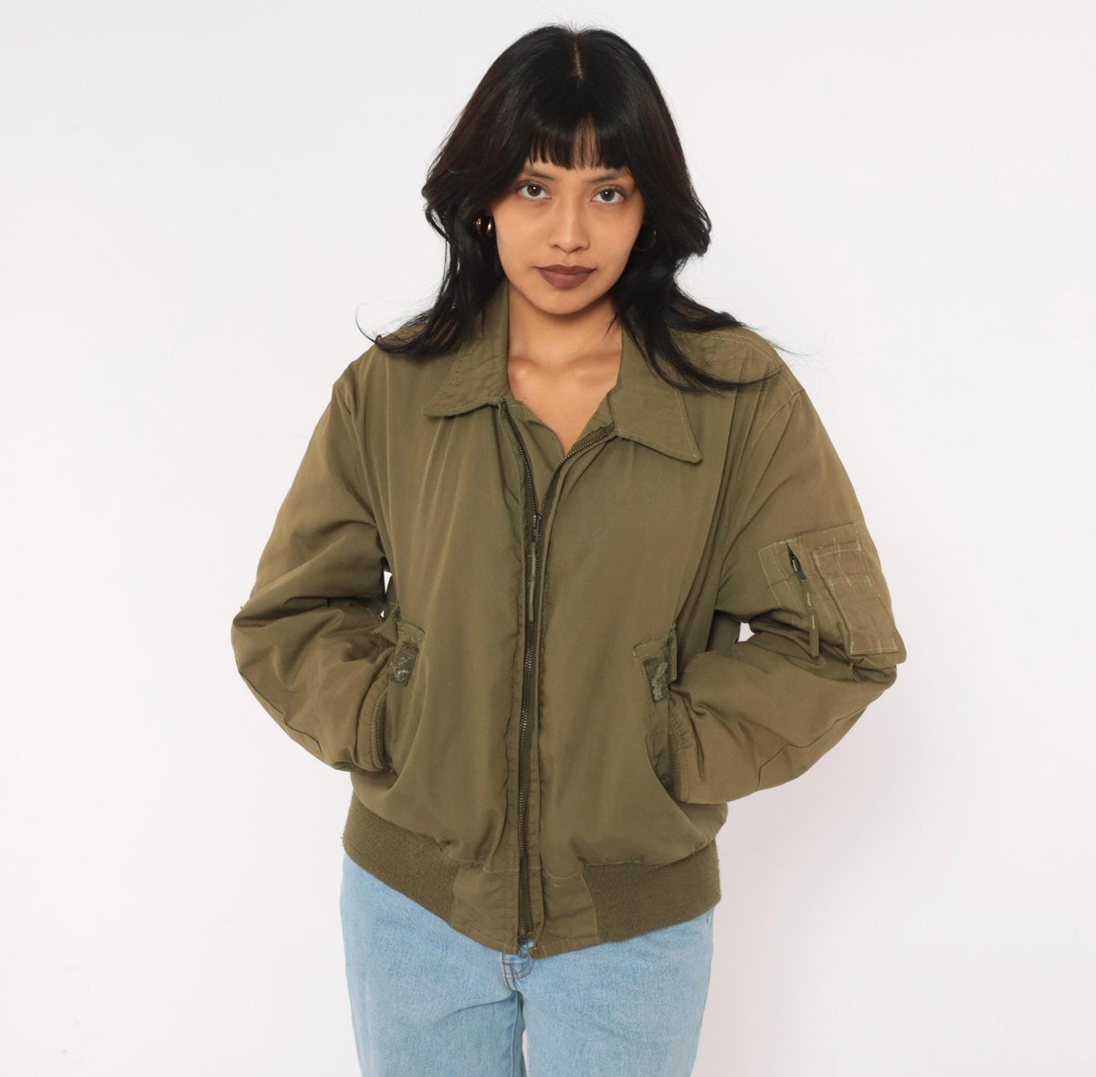 90s Olive Green Military Flight Jacket Bomber Zip Front Medium