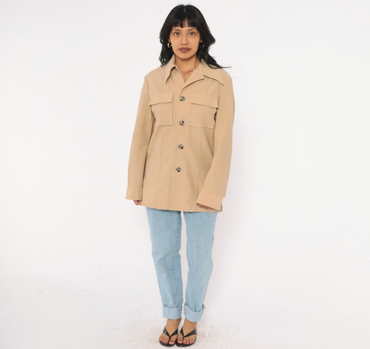 70s Haband Beige Button Front Jacket Pointed Collar Utility Shacket Medium M