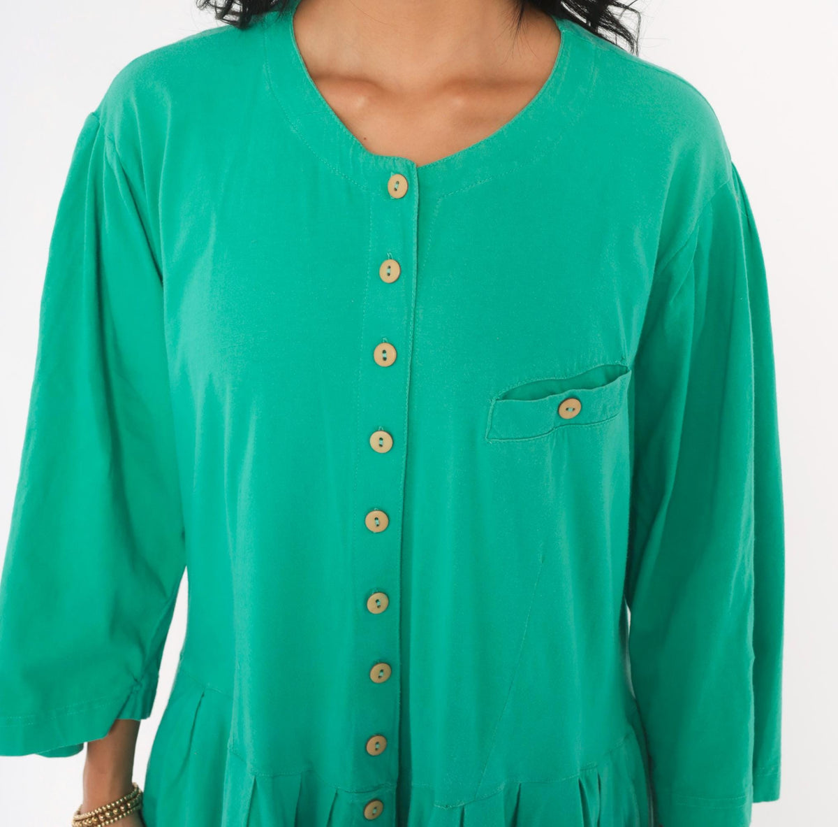 80s Louis London Green Cotton Midi Dress Button Front Drop Waist Extra Large