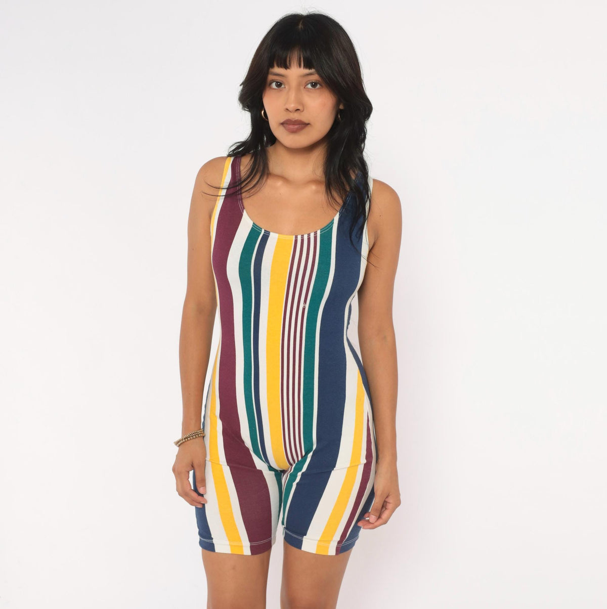 90s L.A. Sport Striped Bike Short Romper White Burgundy Scoop Neck Small