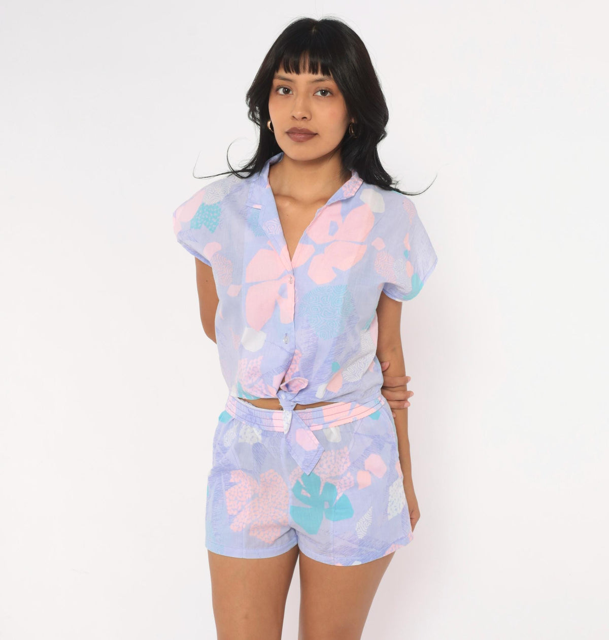 80s Hilo Hatties Purple Floral Two Piece Shorts Set Hawaiian Playsuit Small