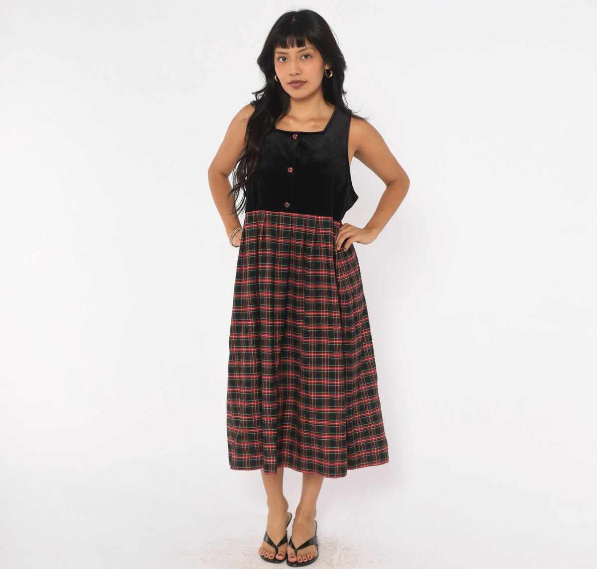 90s Pam's Closet Velvet Plaid Midi Dress Black Red Tartan Medium M