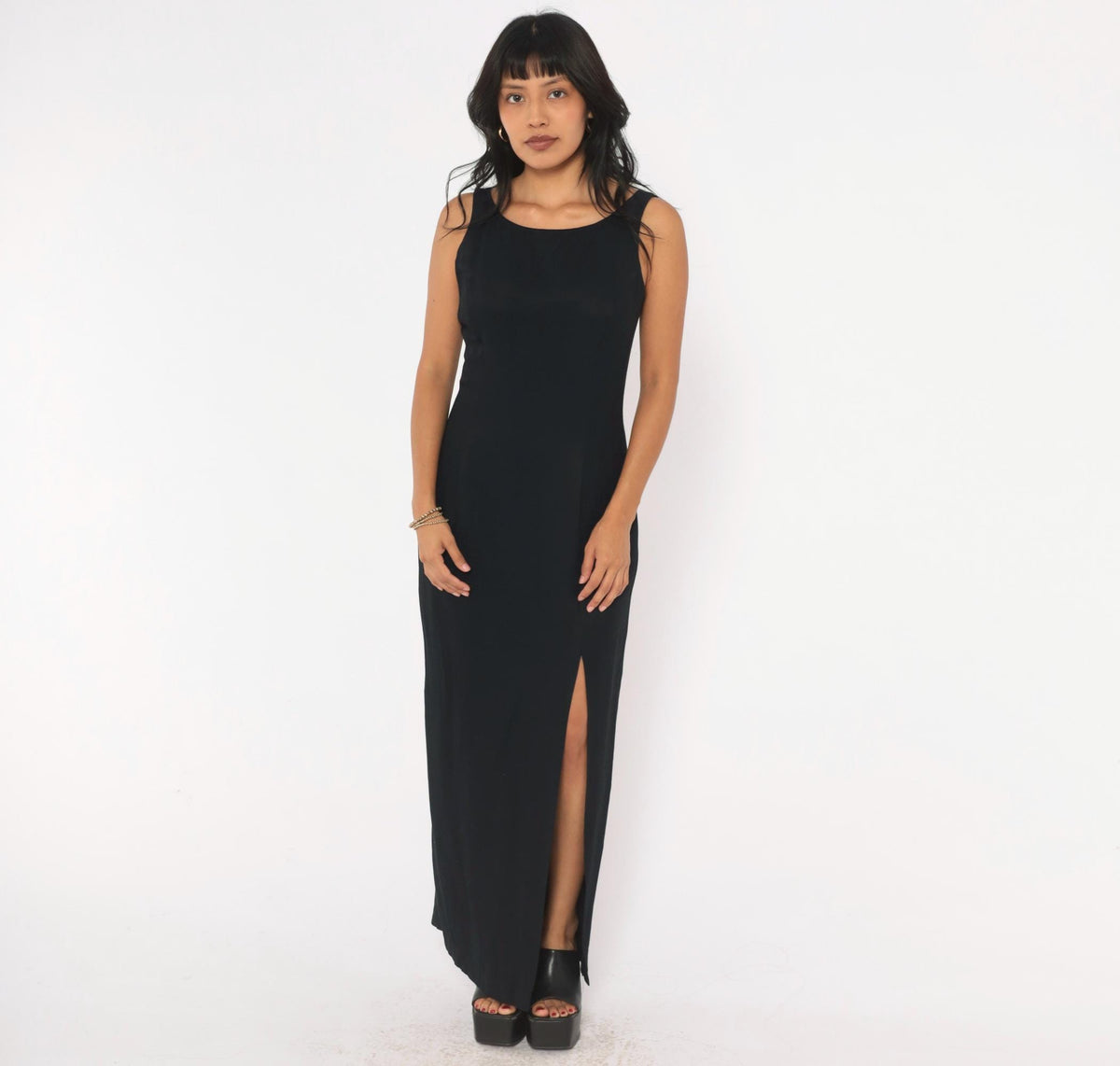 90s Gunne Sax Black Maxi Dress Sleeveless Scoop Neck Cutout Back Small S
