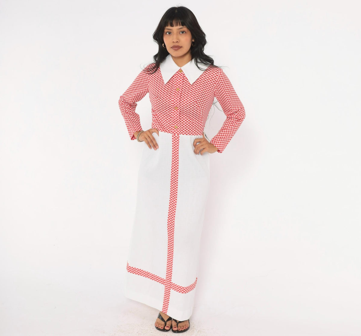 70s Miss Donna Gingham Maxi Dress Red White Check Pointed Collar Small
