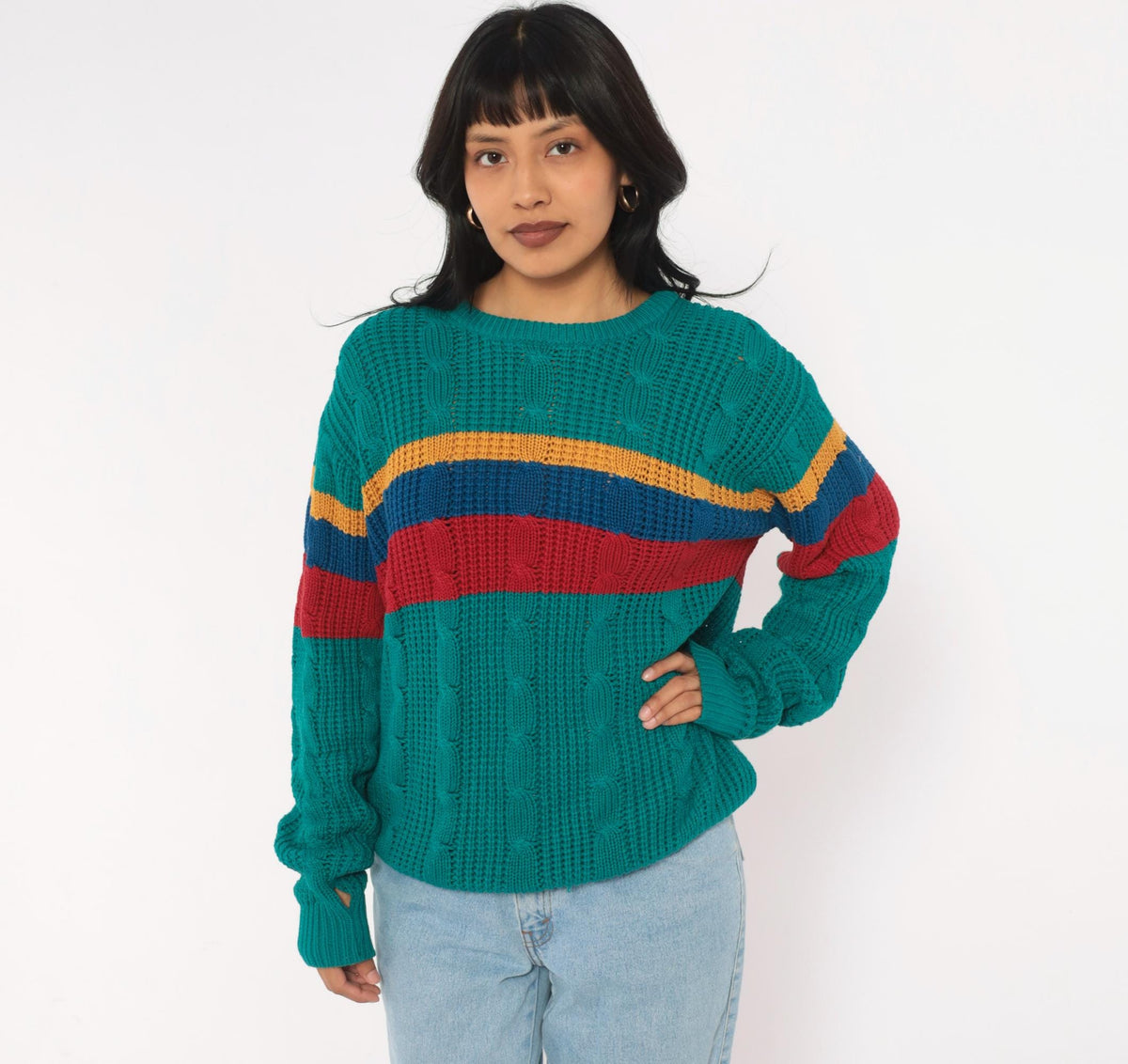 80s Teal Cable Knit Sweater Color Block Stripes Crew Neck Medium M