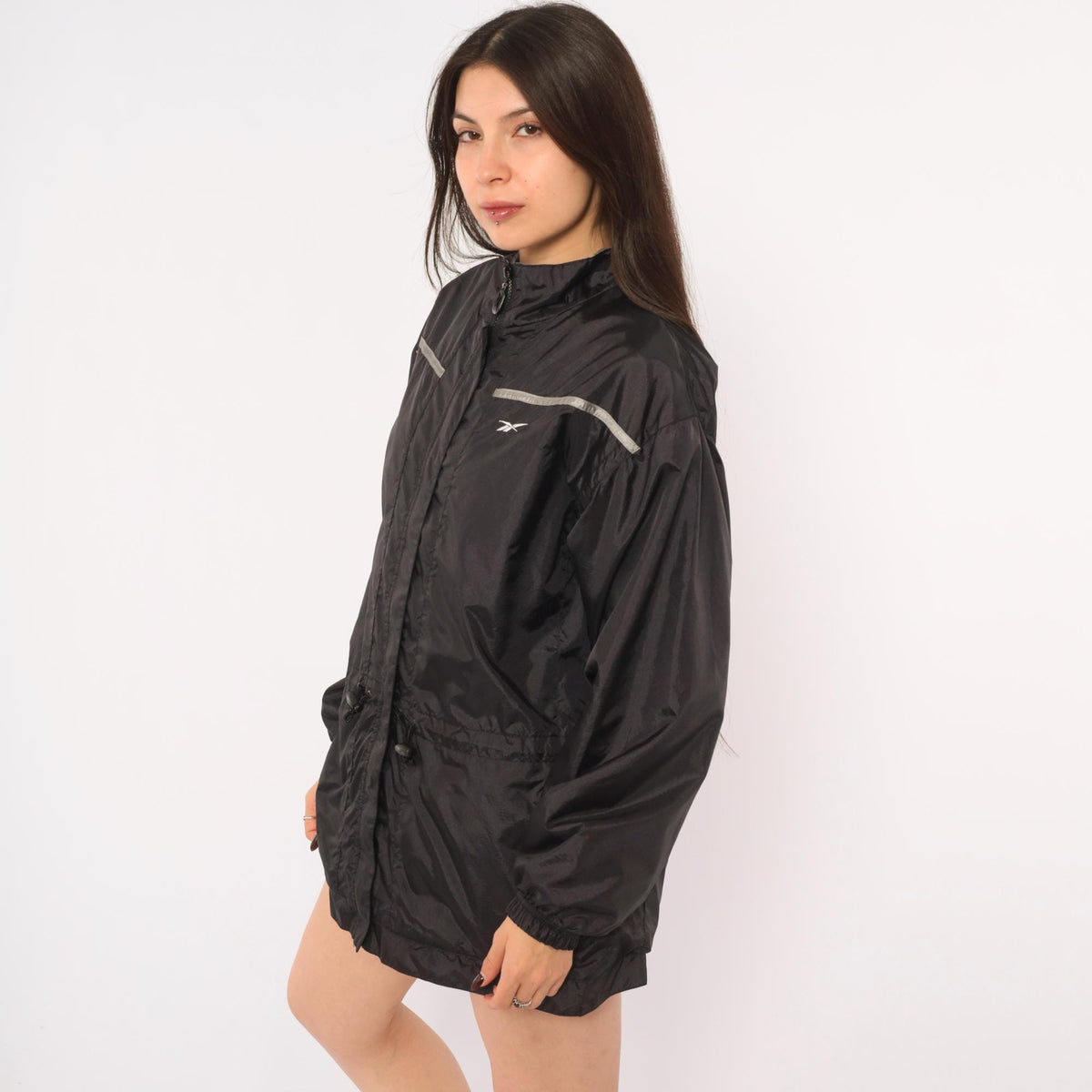 90s Reebok Windbreaker Jacket Black Grey Reflective Stripe Medium M