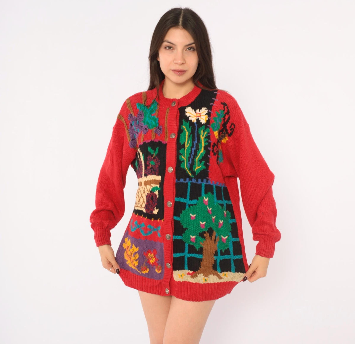 90s Hand Knit Cardigan Red Garden Scene Intarsia Floral Button Front Medium