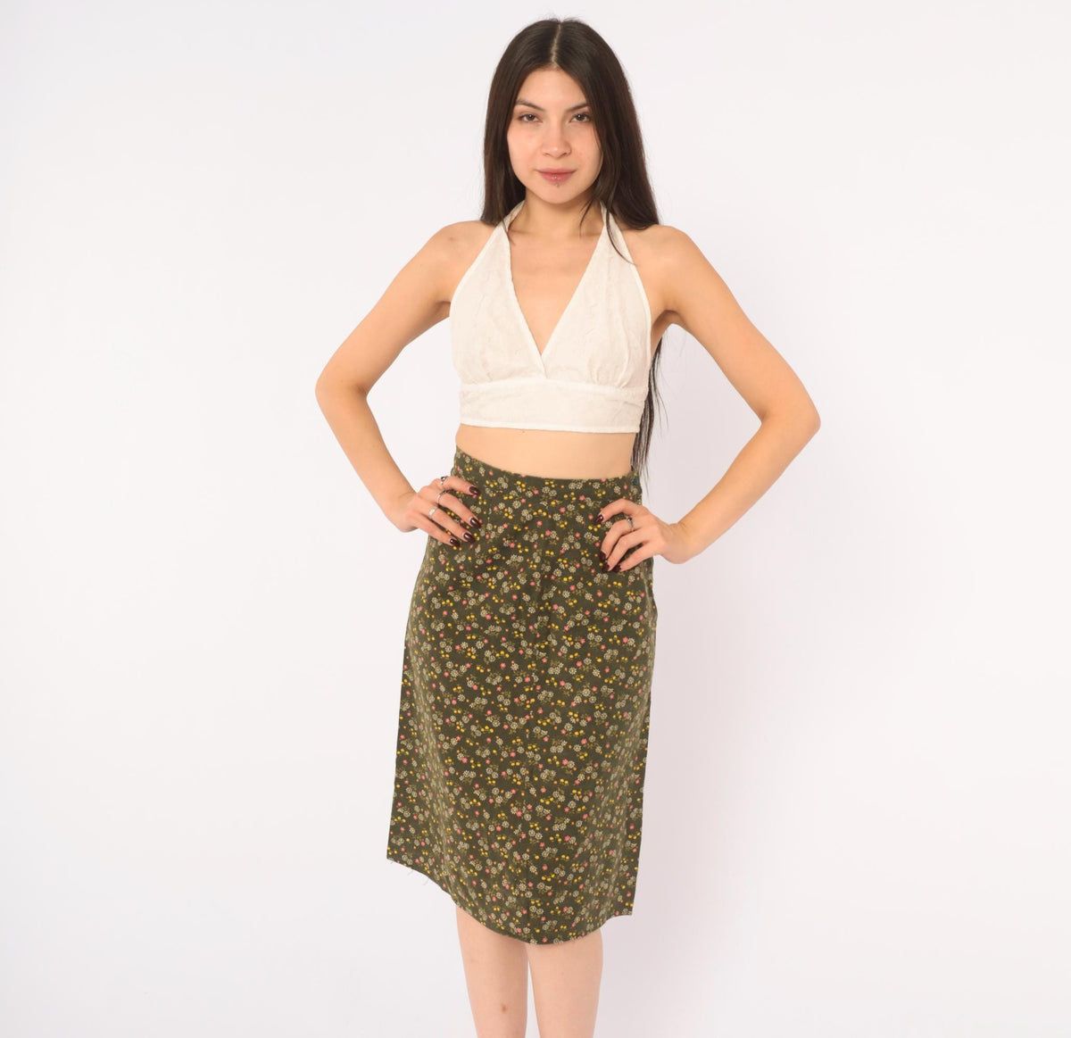 70s Olive Green Ditsy Floral A-Line Skirt High Waist Prairie Extra Small XS