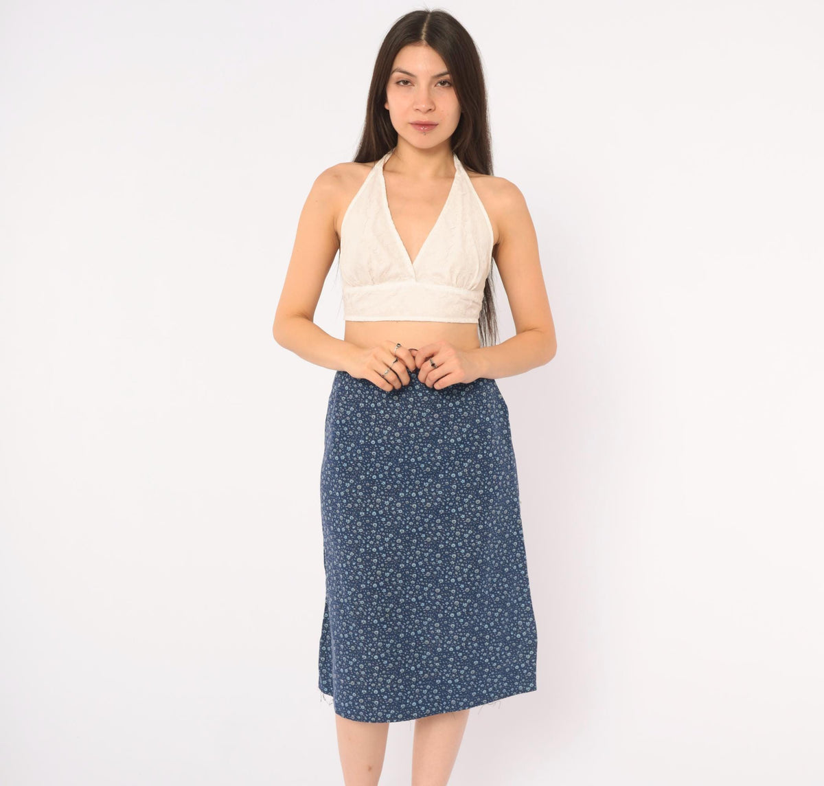 60s Navy Ditsy Floral Calico Cotton A-Line Skirt High Waist Extra Small