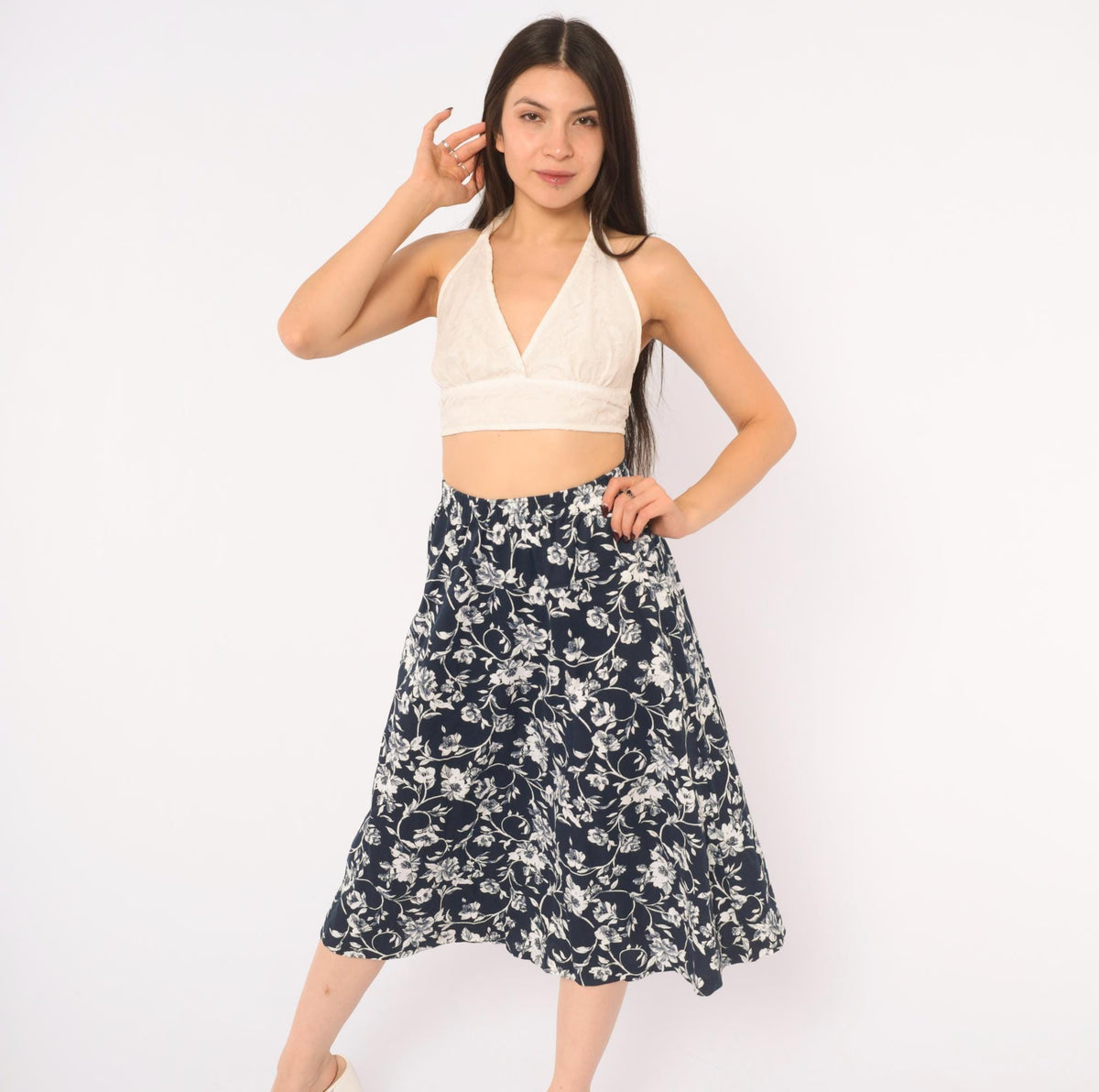 80s Season Ticket Navy Floral Midi Skirt White Flower Print Cotton Small
