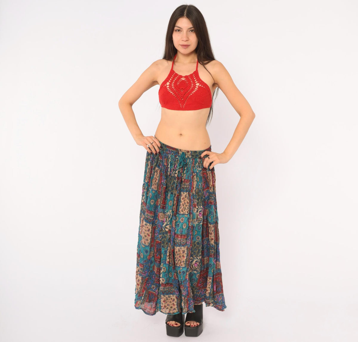 90s Alibaba Patchwork Floral Midi Skirt Drawstring Teal Blue Medium