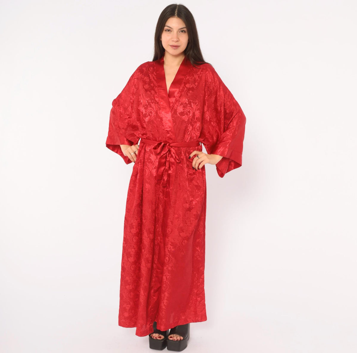 90s Contessa Di Roma Red Satin Robe Floral Jacquard Maxi Wrap Plus Size XXL