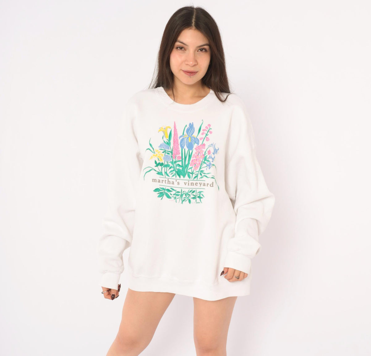 90s Lee Martha's Vineyard Floral Sweatshirt White Wildflower Graphic Large