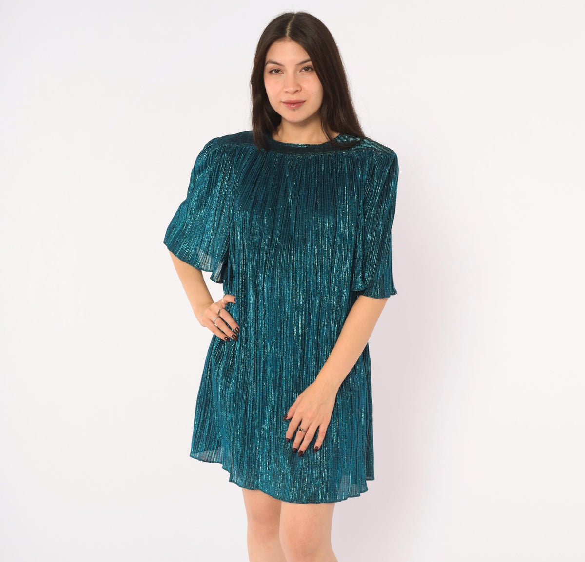 80s Risa Ann Teal Metallic Party Dress Plisse Pleated Flutter Sleeve Large