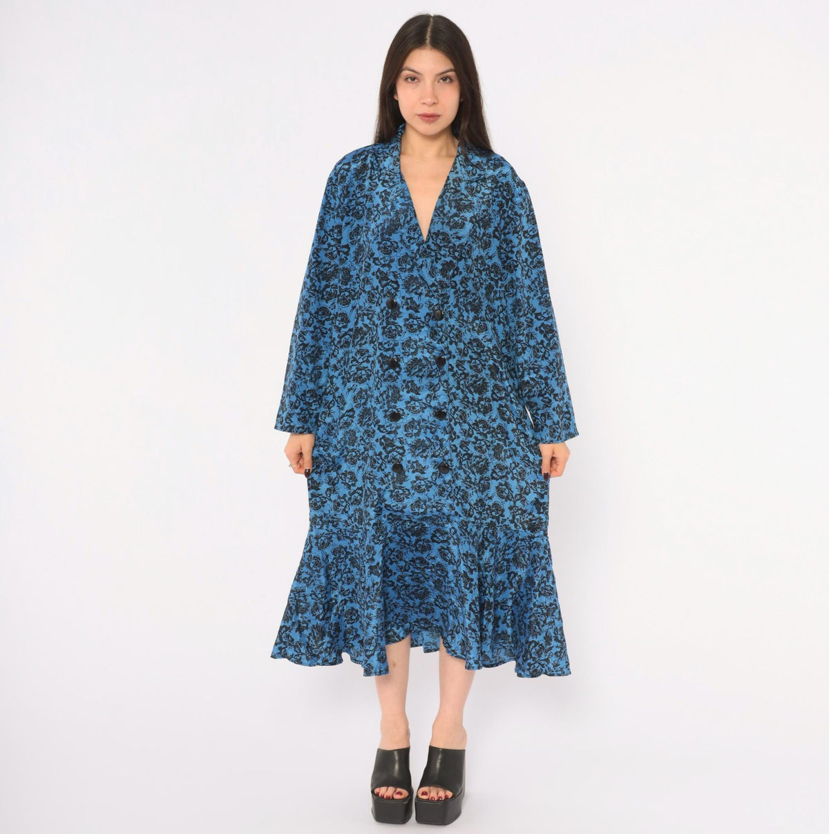80s Très Paquette Blue Floral Midi Dress Double Breasted V Neck Extra Large