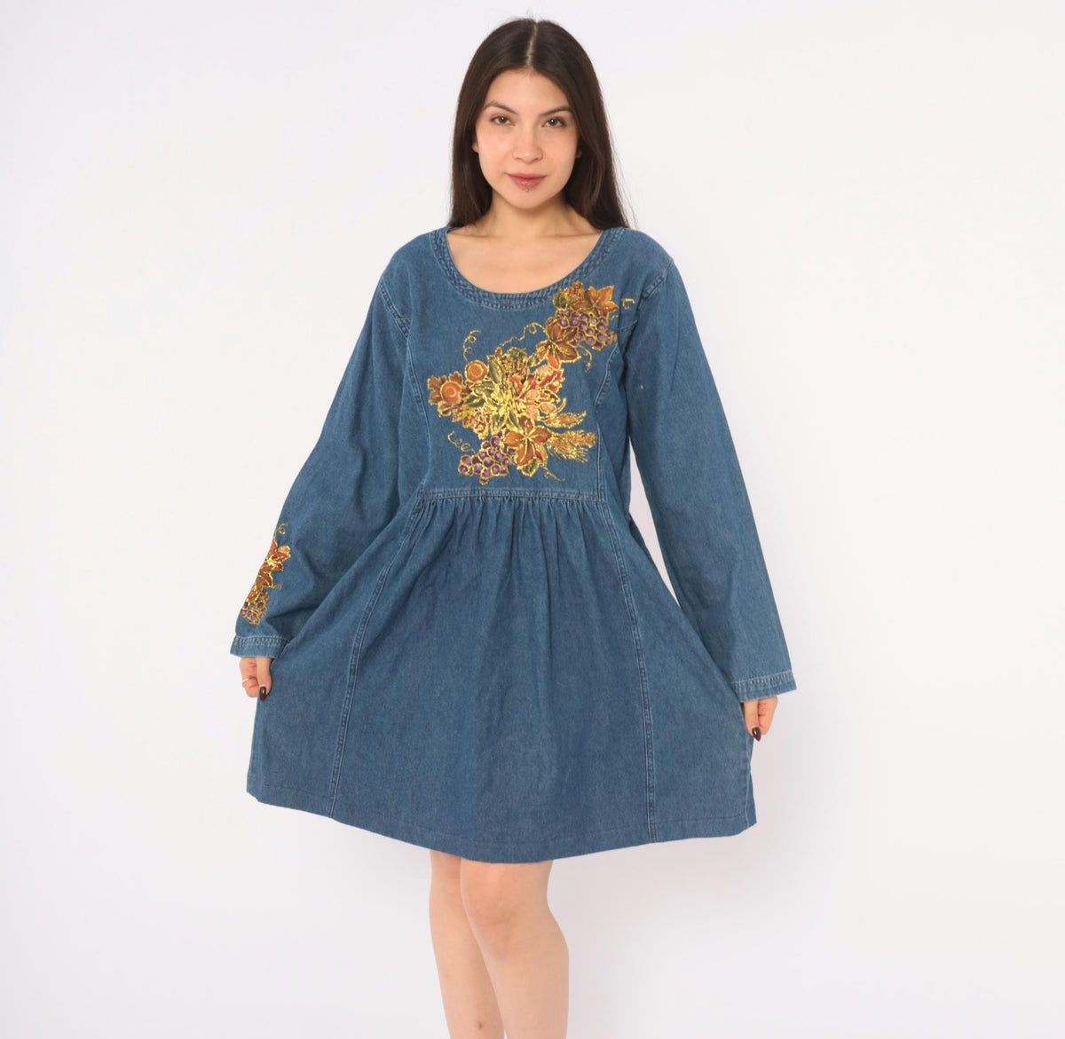 80s Sun Belt Denim Dress Hand Painted Grapes Gold Glitter Blue Cotton Large