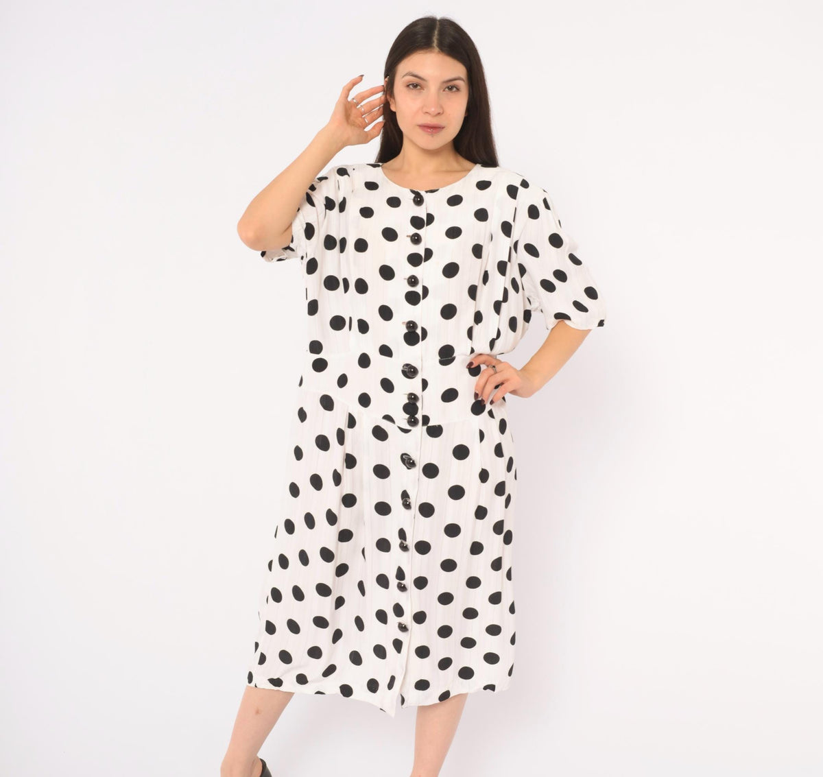 90s Success Dress Polka Dot White Black Button Front Knee Dress Extra Large