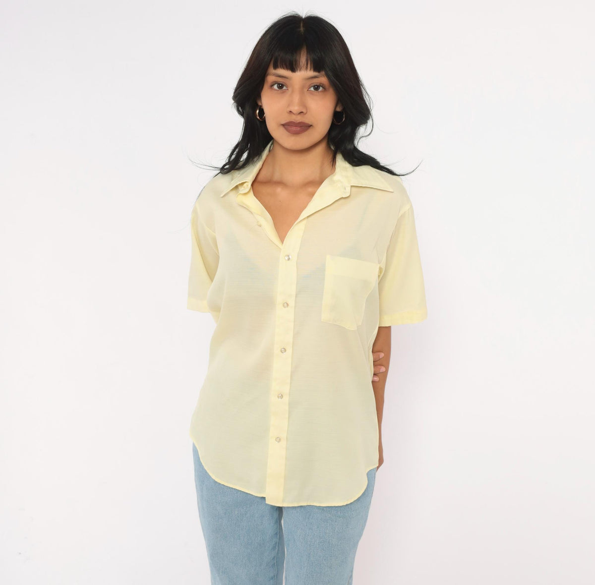 70s Dress-ups Yellow Button Up Shirt Semi Sheer Short Sleeve Pointed Collar Medium